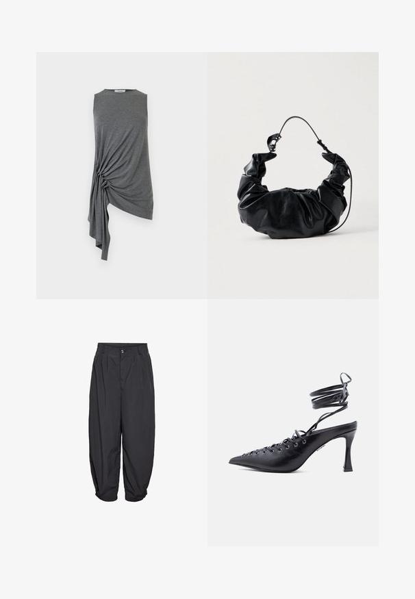 Haut asymétrique gris sans manches avec un détail drapé froncé sur le côté gauche, créant un ourlet fluide et irrégulier.; Pantalon noir ample avec plis devant, fermeture à bouton, passants pour ceinture et jambes légèrement fuselées s'arrêtant au-dessus de la cheville.; Chaussure à talon haut noire à bout pointu avec brides enveloppantes autour de la cheville et plusieurs œillets sur le devant pour laçage.; Sac à main en simili cuir noir avec un design doux et froncé et une poignée flexible, présentant une texture lisse et un subtil éclat.