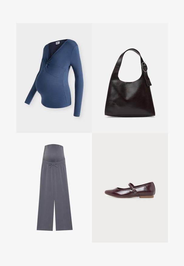 Blauw geribd zwangerschapstopje met lange mouwen, een gedraaide knoopdetail bij de borst en een wikkelstijl halslijn.; Grijze zwangerschapspantalon met een wijd uitlopende pasvorm, elastische tailleband en verstelbaar trekkoord. Gemaakt van zacht, rekbaar materiaal voor comfort.; Bordeauxrode Mary Jane platte schoen met een ronde neus, glanzende afwerking, verstelbare zijriem met een zilveren gesp en een lage lichtbruine zool.; Bruine lederen schoudertas met een gladde textuur, ronde vorm, brede strap en een cirkelvormig metallic accent op de handgreep.