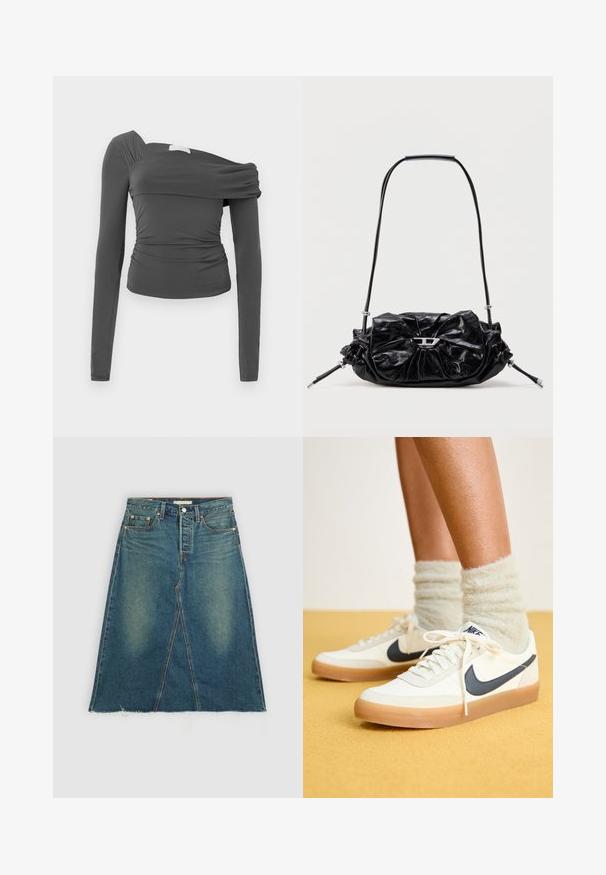 Asymmetrisk langærmet top i mørkegråt stof. Har en rynket design, en skulder eksponeret, og glat tekstur med en slim fit.; Denimskørt i medium blå med en frontslids, rå kant og subtil falming. Har klassisk fem-lommers design og bæltestropper.; Hvide Nike sneakers med navy swoosh, tekstureret stof, hvide snørebånd og gummisål, parret med fluffy lysegrønne sokker. Gul baggrund.; Sort læderhåndtaske med et opsamlet design og sløjfedetalje foran. Har en kort hank og sølvfarvede hardware-accenter.