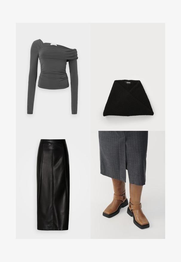Asymmetrisch langarmtop in donkergrijze stof. Heeft een geraffineerd ontwerp, met één schouder bloot en een gladde textuur met een slanke pasvorm.; Zwarte leren midi-rok met een aansluitende taille, een gladde textuur, zichtbare naden en een rechte silhouet. Geen versieringen aanwezig.; Bruine leren kniehoge laarzen met een vierkante neus, zwarte rubberen zool en verstelbare gespsluiting. Draagt bij een grijze streeprok.; Zwarte gebreide wrap met een gestructureerd oppervlak, driehoekige vorm en een label met de tekst "ZIGN" nabij de bovenkant. Niet-elastisch materiaal.