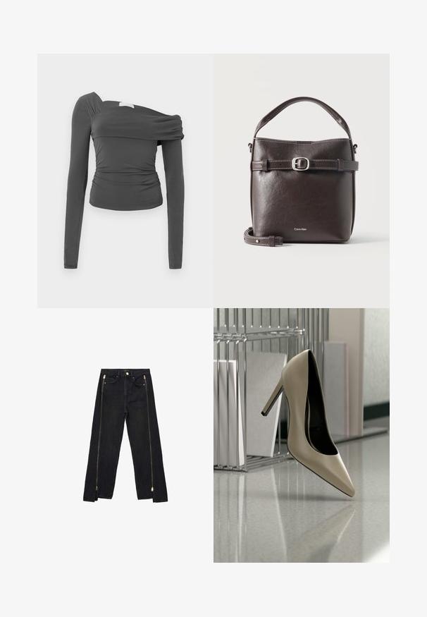 Asymmetrisk langærmet top i mørkegråt stof. Har en rynket design, en skulder eksponeret, og glat tekstur med en slim fit.; Sorte denimjeans med lige ben-design, der har guld lynlåse langs siderne og almindelige lommer ved taljen.; Beige højhælede sko balancerende på hælen på en skinnende overflade ved siden af en metalfilorganisator med dokumenter.; Mørkebrun læder bucket taske med justerbar spænde strop, top håndtag og Calvin Klein-logo foran.