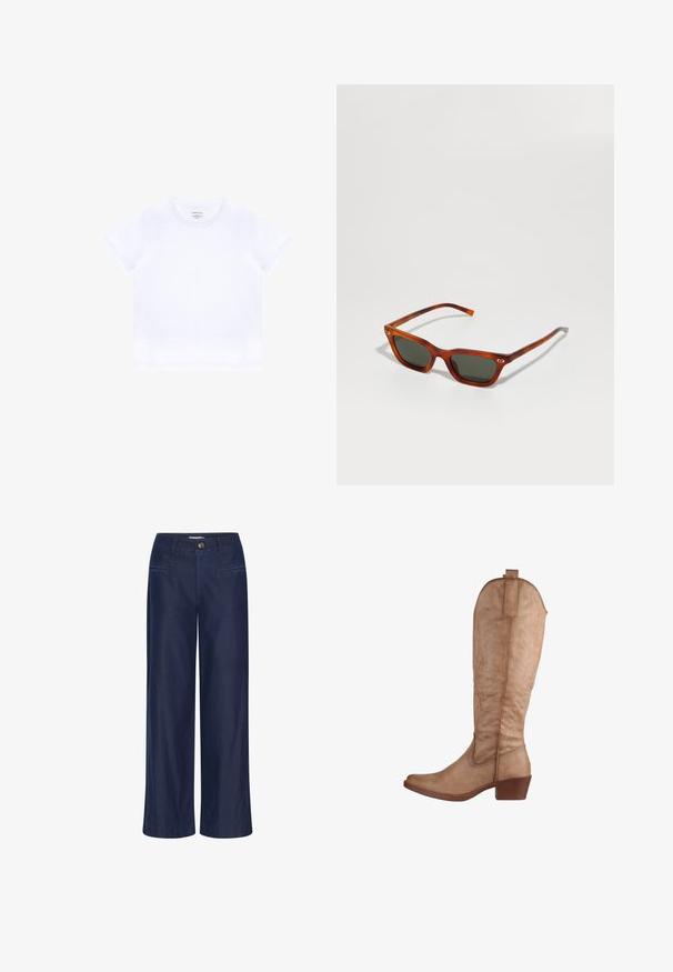 Effen wit T-shirt met korte mouwen en een ronde hals, voorzien van een klein label aan de binnenkant van de kraag, plat gelegd op een witte achtergrond.; ICHI IHFlared - Flared Jeans - dark blue; Elara Cowboy-/Bikerlaarzen - natur; Bruine schildpad zonnebril met groene lenzen, vierkante vorm, dunne armen met gegraveerd merk, gepolijste afwerking en metalen accenten.