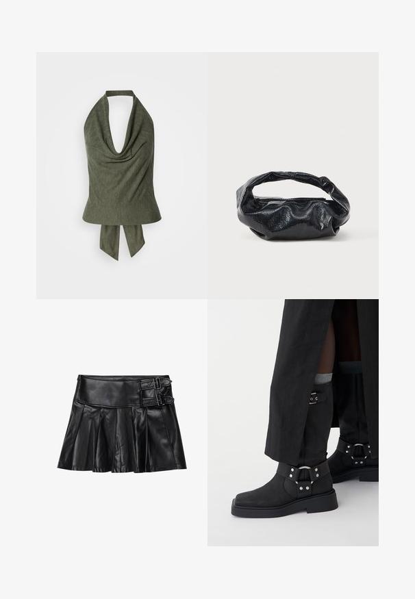 Haut dos nu vert olive avec un col drapé et un tissu léger texturé. Se noue à l'arrière pour un ajustement et un style personnalisables.; Jupe en cuir noir avec des plis, taille large et deux accents à boucle sur le côté. Texture lisse avec une finition brillante.; Bottines noires en cuir à finition mate, avec un embout carré et des boucles décoratives. La semelle est épaisse et texturée.; Sac noir en matériau texturé et brillant avec une poignée circulaire torsadée et une fermeture éclair. Présente un design doux et froissé.