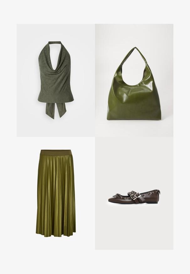 Top de tirantes verde oliva con escote drapeado y tela ligera y texturizada. Se ata en la parte trasera para un ajuste y estilo ajustables.; Falda midi plisada verde caqui con cintura elástica ancha y textura de tela suave.; Zapato plano de cuero marrón oscuro con puntera puntiaguda, doble hebilla plateada, ojales metálicos y lazo decorativo en la parte delantera.; Bolsa hobo verde de cuero con un diseño suave, asa curvada y textura lisa. No contiene hardware visible ni acentos.
