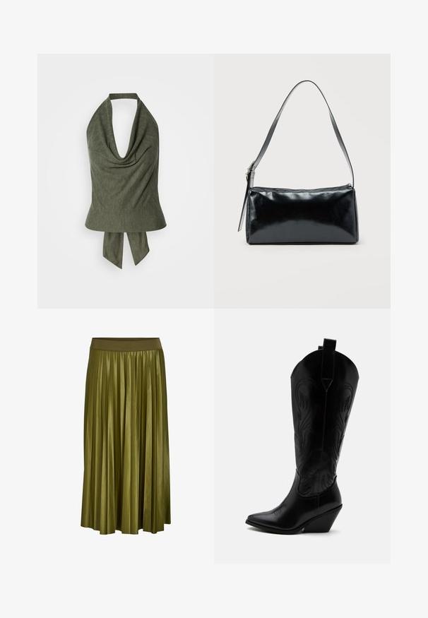 Top de tirantes verde oliva con escote drapeado y tela ligera y texturizada. Se ata en la parte trasera para un ajuste y estilo ajustables.; Falda midi plisada verde caqui con cintura elástica ancha y textura de tela suave.; Bota de vaquero de cuero negro con punta puntiaguda, tacón bloqueado inclinado, costuras decorativas y lengüetas en la parte superior sobre fondo blanco.; Bolso de hombro rectangular negro con una correa ajustable y un cierre de cremallera superior sobre un fondo liso.