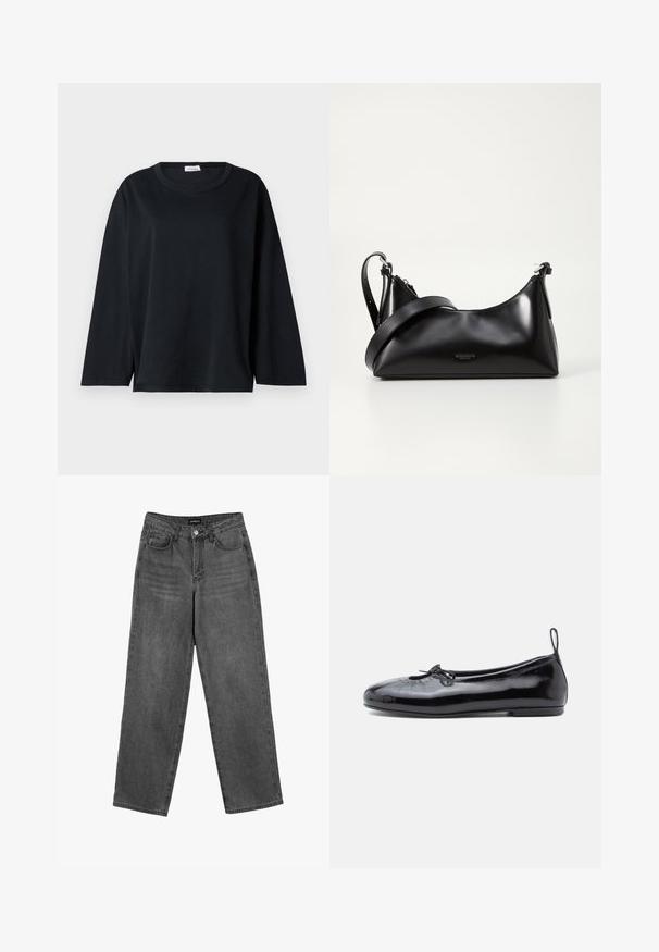 Zwarte lange mouw t-shirt van katoen met een ronde halslijn, relaxte pasvorm en zijsplitten aan de onderrand voor beter bewegingsgemak.; Zwarte high-waisted straight-leg jeans met een knoop aan de voorkant en zakken, weergegeven op een witte achtergrond.; Zwarte gepoetste leren balletschoenen met een ronde neus, een klein strikje en een gladde textuur; heeft een lage platte zool en een lusje aan de hiel.; Zwarte leren handtas met een gladde textuur. Beschikt over een verstelbare schouderband en een strak, minimalistisch ontwerp met een ritssluiting.
