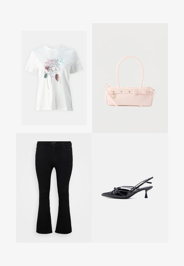 Weißes Baumwoll-T-Shirt mit einer Linienzeichnung des Gesichts einer Frau, umgeben von floralen und Schmetterlingsillustrationen in sanften Farben.; Schwarze Schlagjeans aus Denim mit Knopfverschluss, fünf Taschen und einer glatten Textur. Klassisches Design mit ausgestellt geschnittenem Saum.; Schwarzer Slingback-Pumps aus Lackleder mit spitzer Zehenpartie, niedrigem Kitten-Heel und dekorativer, geknoteter Schleife vorne.; Blassrosa rechteckige Handtasche mit doppelten Griffen, dekorativer Schleife, Metallösen und kleinem herzförmigem Anhänger vor einfarbigem Hintergrund.