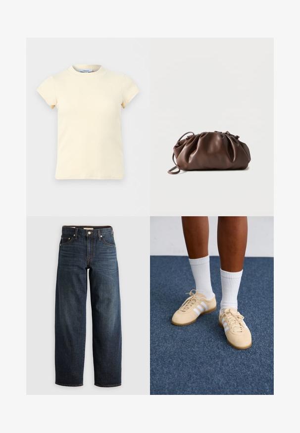 Kremfarvet, ribstrikket top med korte ærmer og rund halsudskæring, lavet af strækstof, vist mod en ensfarvet lysegrå baggrund.; Mørkeblå denimjeans med lige ben, fem lomme-stil og kontrastsyninger samt knappelukning.; Person i beige Adidas sneakers med hvide striber og hvide ankelstrømper, stående på et blåt tæppe.; Blød brun læderpung med samlet top og tynd strop, hvilende på hvid baggrund.