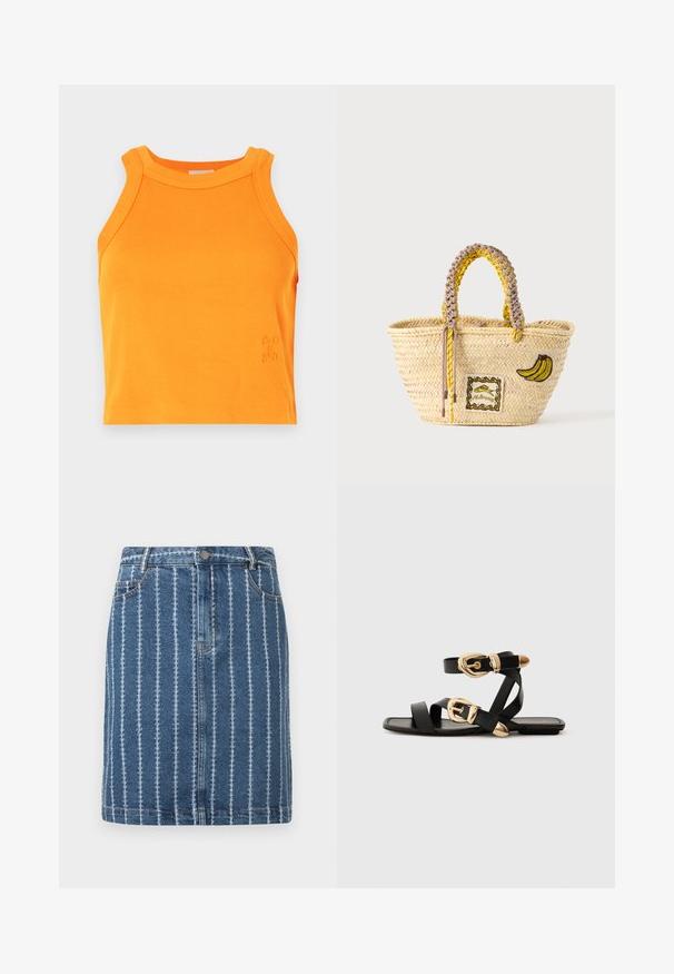 Débardeur orange à côtes avec un col haut et une conception sans manches. Présente des détails subtils de logo sur l'ourlet. Matière douce et extensible.; Jupe en denim avec des rayures blanches verticales, dotée d'une ceinture, de poches avant et d'une coupe droite. Tissu bleu avec une texture légèrement décolorée.; Sandales en cuir noir avec des accents de boucles dorées, présentant plusieurs brides et un design de semelle plate pour un port ouvert.; Sac cabas en paille tissée avec des anses tressées jaunes et beige, décoré d'un patch banane et d'un petit motif poisson encadré à l'avant.
