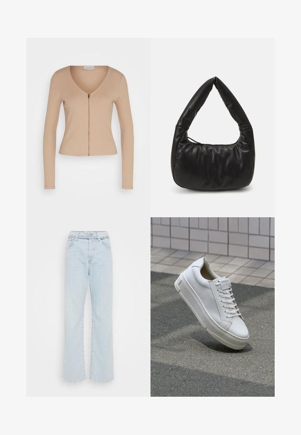 Beige ribbet langærmet top med flæsekanter og V-hals. Har en frontlynlås og subtil tekstur, lavet af et strækbart stof.; Lysblå denim brede bukser med høj talje, fem lommer og standard syninger. Har en knap og lynlås lukning.; Hvide lædersneakers med lavt design, flade snører, rund tå og strukturerede sider. Tyk gummisål med diskrete detaljer.; Sort læder skuldertaske med en afslappet design, der har et karakteristisk knyttet håndtag og en lynlåslukning. Glat tekstur overalt.