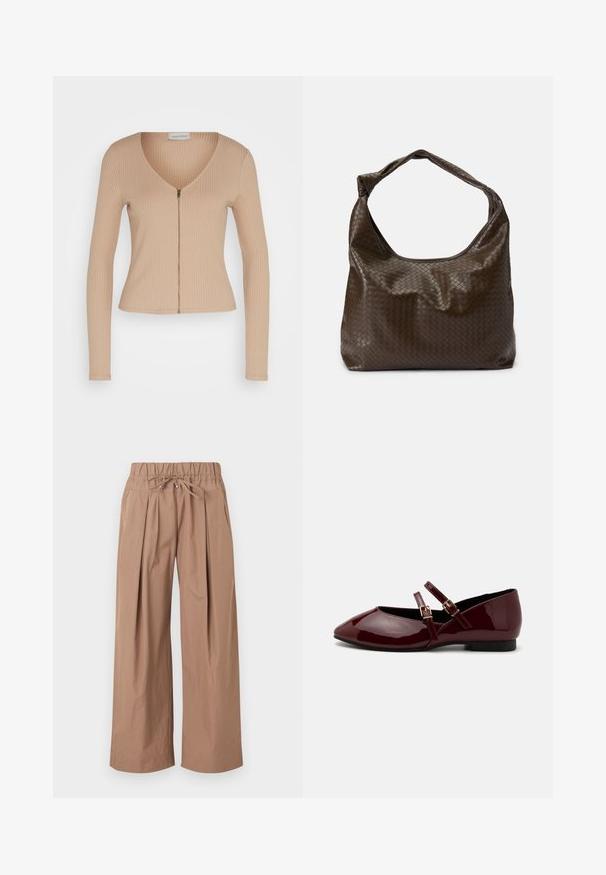 Haut beige rayé à manches longues avec un ourlet évasé et un col en V. Avec une fermeture éclair à l'avant et une texture subtile, fabriqué en tissu extensible.; Pantalon large marron clair avec taille élastique et cordon noué, avec plis à l'avant et poches latérales.; Anna Field Babies - dark red; Sac en cuir tressé marron avec une forme souple, une anse unique et une surface texturée. Il présente une finition douce et brillante ainsi que des bords arrondis.