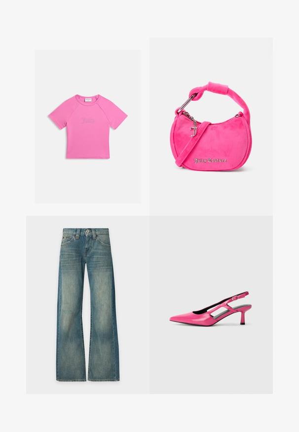Korte mouwen roze crop top met ronde hals en een fonkelende "Juicy"-logo centraal op de voorkant tegen een witte achtergrond.; Blauwe denim jeans met een verwassen uitstraling, hoge taille, wijde pijpen, knoop- en ritssluiting aan de voorkant en vijf zakken, getoond tegen een effen achtergrond.; Roze leren slingback pump met een spitse neus, uitsnijdingen en een lage hak. Gladde textuur en verstelbare gespsluiting.; Roze suède handtas met een gebogen ontwerp, korte handgreep, afneembare schouderriem en zilveren hardware met het "Juicy Couture"-logo in het goud.