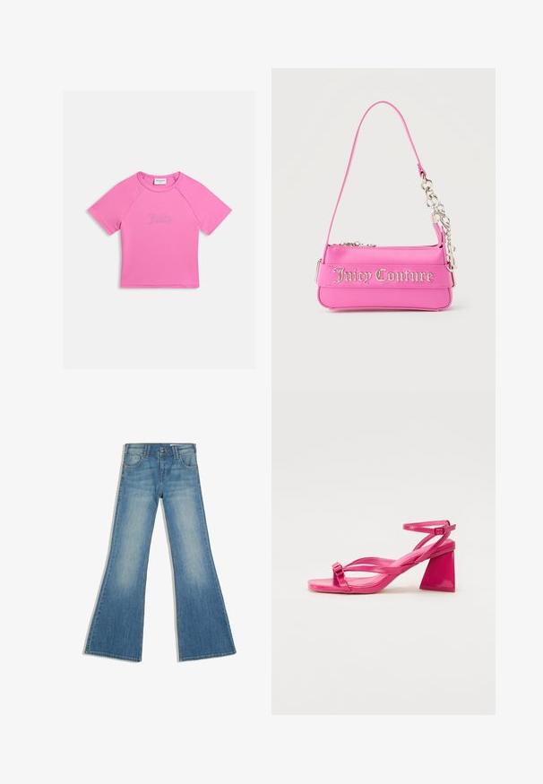 Kortærmet lyserød cropped top med rund hals og rhinsten "Juicy" logo centreret foran mod en hvid baggrund.; Blå denimjeans med flared ben, forlommer og knaplukning, vist mod en hvid baggrund.; Lyserøde patenterede læderhælede sandaler med firkantet tå, smalle stropper og en geometrisk blokhæl. Har en spænde detaljer på stroppen.; Lille lys pink Juicy Couture håndtaske med sølvkædedetalje og logotekst på forsiden, enkelt smalt skulderrem.