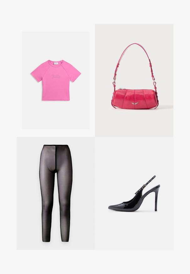 Top court à manches courtes rose avec col rond et logo "Juicy" en strass centré sur le devant sur un fond blanc.; Leggings noirs transparents avec une taille haute et une texture lisse. Présente un design sans couture et une silhouette ajustée.; Chaussure à talon haut en cuir verni noir avec bout pointu et bride arrière réglable avec boucle de marque sur fond blanc.; Petit sac à bandoulière en cuir rose brillant avec emblème d’aile argenté et bandoulière réglable, fermeture éclair sur le dessus, présenté sur fond blanc.