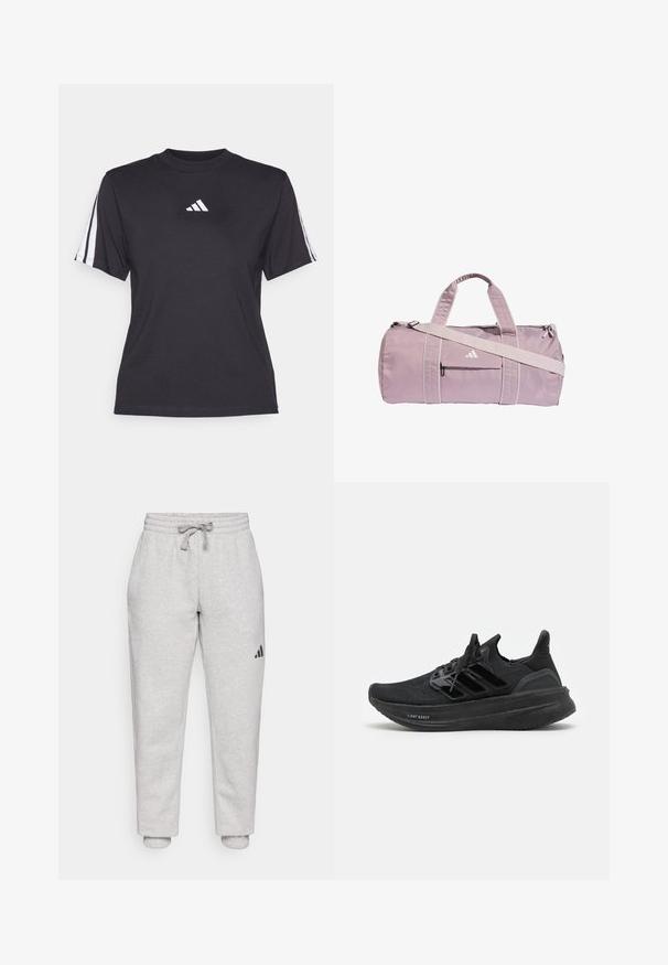 Zwarte sport T-shirt van zacht materiaal, met een ronde hals, korte mouwen en drie witte strepen op elke schouder. Witte logo op de borst.; Lichtgrijze sweatpants met elastische tailleband en trekkoord. Met boorden aan de enkels. Zwarte logo-detail op het linkerbeen. Zacht katoenmateriaal.; Zwarte sport schoenen met een ademende gebreide bovenkant, een gestructureerd ontwerp, het kenmerkende drie-strepen logo en een dikke, gevoerde zool gemarkeerd met "LIGHT BOOST."; Lichtpaarse reistas van glanzend materiaal, voorzien van twee handvaten, een afneembare schouderriem en een voorvak met rits en logo.