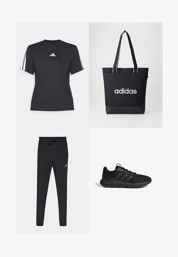 Camiseta atlética negra de tejido suave, con cuello redondo, mangas cortas y tres rayas blancas en cada hombro. Logo blanco en el pecho.; Pantalones deportivos negros hechos de una tela suave, con cintura elástica y cordón, piernas ajustadas y un pequeño logo blanco de Adidas en el muslo izquierdo.; Zapatilla deportiva negra con parte superior de malla, tres rayas laterales, diseño con cordones y suela gruesa texturizada etiquetada "Cloudfoam Flex" sobre fondo blanco.; Bolsa de tote negra con el logo "adidas" en gris, hecha de un tejido duradero, con dos correas para el hombro y un panel inferior negro en contraste.