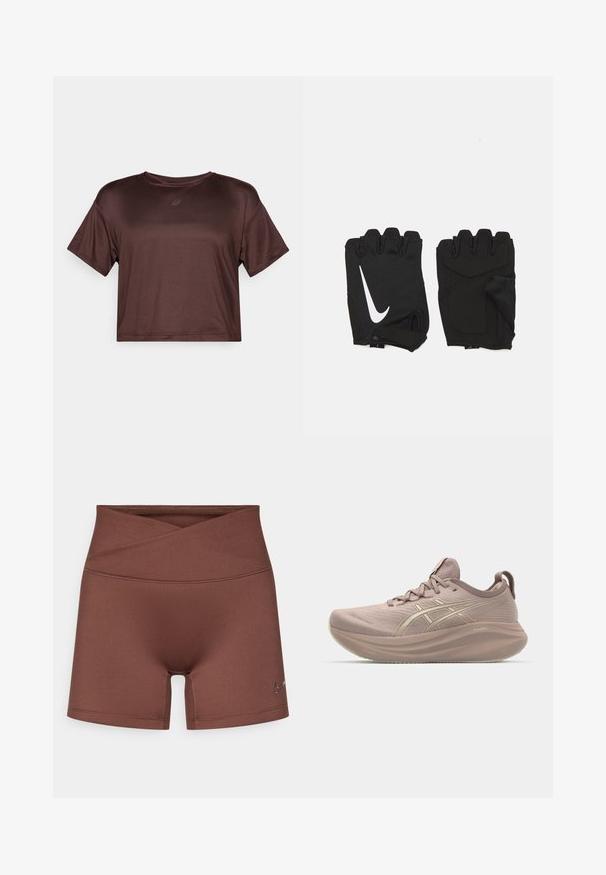 Kortærmet, cropped, brun atletisk top lavet af glat, let stof med en subtil glans og et lille logo på brystet.; Brune atletikshorts med høj talje og krydset frontdesign. Fremstillet af glat, strækbart materiale. Har en lille logo på siden.; Lyserød løbesko med et strømlinet design, tekstureret overdel og en puffet sål. Har et logo og et minimalistisk snøresystem.; Sorte fingerløse træningshandsker lavet af åndbart stof, med et hvidt Nike-logo, polstrede håndflader og et åbent håndledsdesign for fleksibilitet.