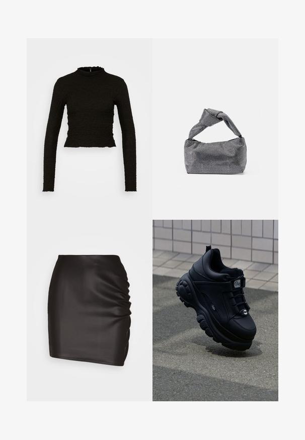 ONLY ONLLUCA STRUCTURED - Top s dlhým rukávom - black; Čierna mini sukňa vyrobená z hladkého syntetického materiálu, s nariasením na jednej strane a priliehavým strihom.; Čierne robustné tenisky s hladkým koženým povrchom, viazaním vpredu, pohodlnou podrážkou a embosovaným logom na boku. Viditeľná textúrovaná podrážka.; Čierna a strieborná kabelka s textúrovaným povrchom so vzorom diamantov, s uzlovou rukoväťou a štruktúrovaným tvarom.