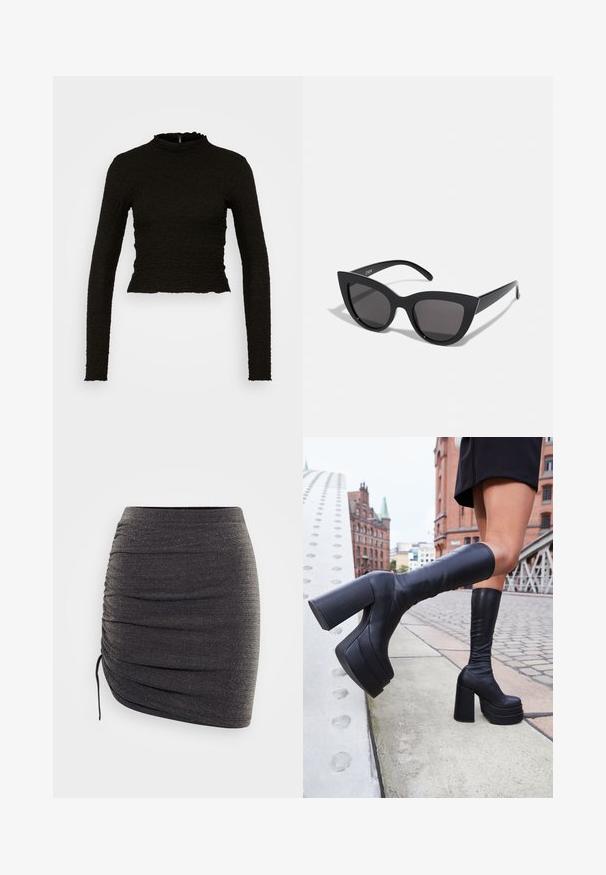 ONLY ONLLUCA STRUCTURED - Μπλούζα με μακριά μανίκια - black; Μαύρη μίνι φούστα από μαλακό, ελαστικό υλικό με διακριτική λάμψη. Διαθέτει συγκεντρωμένη λεπτομέρεια και κορδόνι ρύθμισης στο πλάι.; Μαύρες πλατφόρμες μέχρι το γόνατο από λείο δέρμα, με χοντρές τετράγωνες σόλες και κομψό σχέδιο, με φόντο μια αστική σκηνή.; Μαύρα γυαλιά ηλίου με σχήμα γατίσιας ματιού και ματ φινίρισμα, με γκρι φακούς και αιχμηρές γωνίες, καθώς και κομψά μπράτσα. Το όνομα της μάρκας είναι ορατό στο εσωτερικό του μπράτσου.