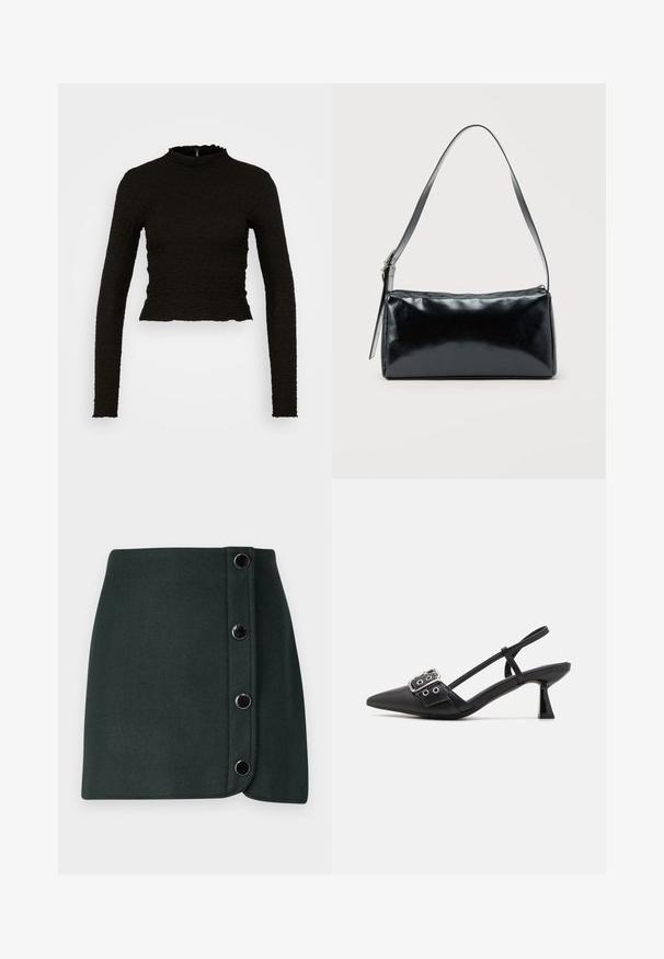 ONLY ONLLUCA STRUCTURED - Μπλούζα με μακριά μανίκια - black; Σκούρο πράσινο φούστα τύπου περιτυλίγματος από μείγμα μαλλιού με κλείσιμο στο πλάι και πέντε μεταλλικά κουμπιά. Διαθέτει ομαλή υφή.; Simmi London DALA - Κλασικές γόβες - black; Μαύρη ορθογώνια τσάντα ώμου με έναν ρυθμιζόμενο ιμάντα και κλείσιμο με φερμουάρ στην κορυφή σε μονόχρωμο φόντο.