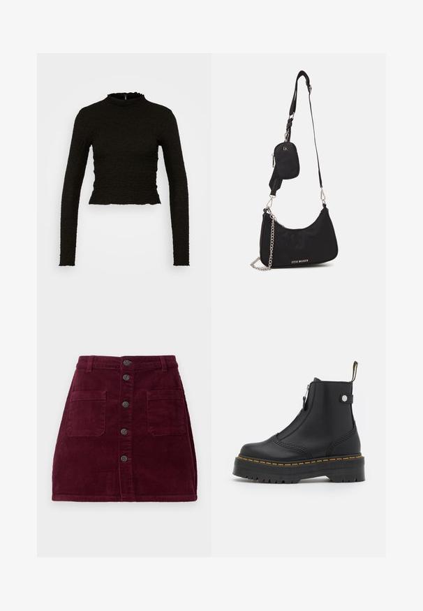 ONLY ONLLUCA STRUCTURED - Top s dlhým rukávom - black; Burgundská kordová sukňa s vysokým pásom, piatimi prednými gombíkmi a dvoma prednými vreckami; textúrovaná tkanina s vertikálnym ribovaním.; Čierne členkové topánky vyrobené z hladkej kože, so bočným zipsom, žltým prešívaním a hrubou, ryhovanou gumovou podrážkou.; Čierna nylonová taška cez rameno so zakriveným tvarom, strieborným reťazovým akcentom, odnímateľnou mini taškou a nastaviteľným popruhom; má logo "Steve Madden".