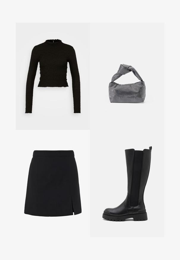 ONLY ONLLUCA STRUCTURED - Top s dlhým rukávom - black; Čierna mini sukňa áčkového strihu s vysokým pásom a malým rozparkom vpredu na pravej strane.; Even&Odd Čižmy na platforme - black; Čierna a strieborná kabelka s textúrovaným povrchom so vzorom diamantov, s uzlovou rukoväťou a štruktúrovaným tvarom.