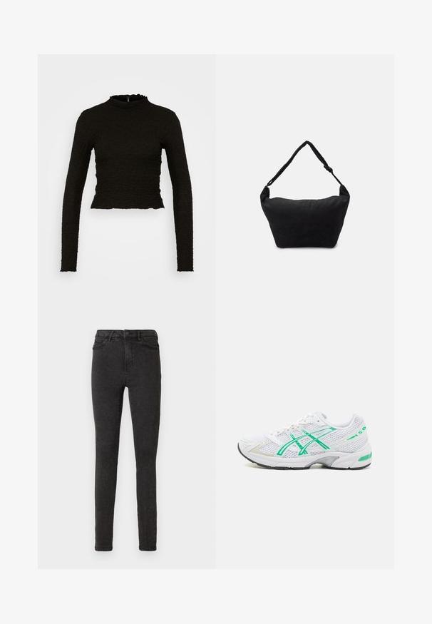 ONLY ONLLUCA STRUCTURED - Longsleeve - black; Zwarte skinny jeans van denim, met een hoge tailleband, vijf zakken en een subtiele textuur. Machinewasbaar met een ritssluiting.; ASICS SportStyle GEL-1130 - Sneakers laag - white/malachite green; Zwarte stoffen schoudertas met een zachte, gestructureerde oppervlakte, ronde vorm en een enkele strap. Minimalistisch ontwerp zonder zichtbare hardware of accenten.