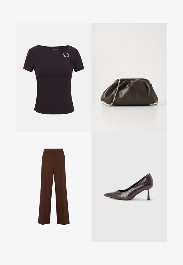 Donkerpaars nauwsluitend topje met korte mouwen, asymmetrische halslijn en een decoratieve gouden ovale gesp op de linker schouder.; Bruine brede broek met een gladde textuur, voorzien van een gestructureerde tailleband en subtiele vouwdetails die aan de voorkant lopen.; Bruine nepleren pumps met een puntige neus en krokodillenstructuur, voorzien van een slanke, hoekige hak en een gladde binnenvoering.; Bruine leren handtas met een geaccentueerd ontwerp, gouden kettinghengsel en een zachte, textuurafwerking. Compacte vorm geschikt voor avondgebruik.