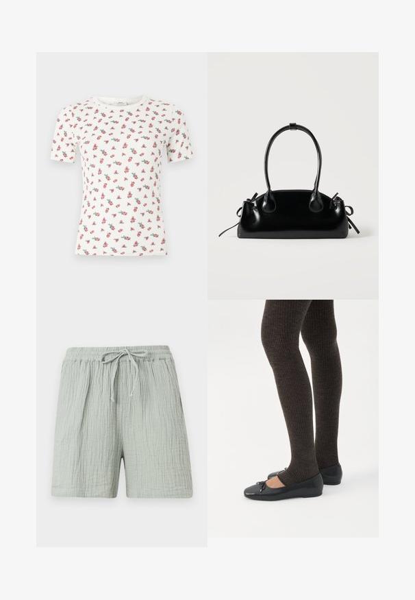 T-shirt blanc à manches courtes en tissu côtelé avec un petit motif floral rose et vert, col rond.; Shorts en coton gris clair texturé avec une taille élastique et un cordon à nouer à l'avant, conçus pour une tenue décontractée.; Jambes portant des leggings côtelés foncés associés à des ballerines noires avec de petits détails en nœud sur fond blanc.; Petit sac à main noir brillant avec deux longues anses et des détails à cordon sur les côtés sur un fond clair uni.