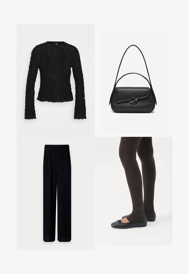 Sort langærmet top lavet af tekstureret blonder. Har en rund halsudskæring og bølgede kanter. Indviklet blomstermønster over hele overfladen.; Vero Moda Petite VMLIVA SUPER WIDE PANTS - Bukser - black; Ben iført mørke ribbede leggings kombineret med sorte balletsko med små sløjfedetaljer på hvid baggrund.; Sort læderhåndtaske med afrundede kanter, asymmetrisk klap, metalcirkulært spænde samt både korte og lange skulderstropper.