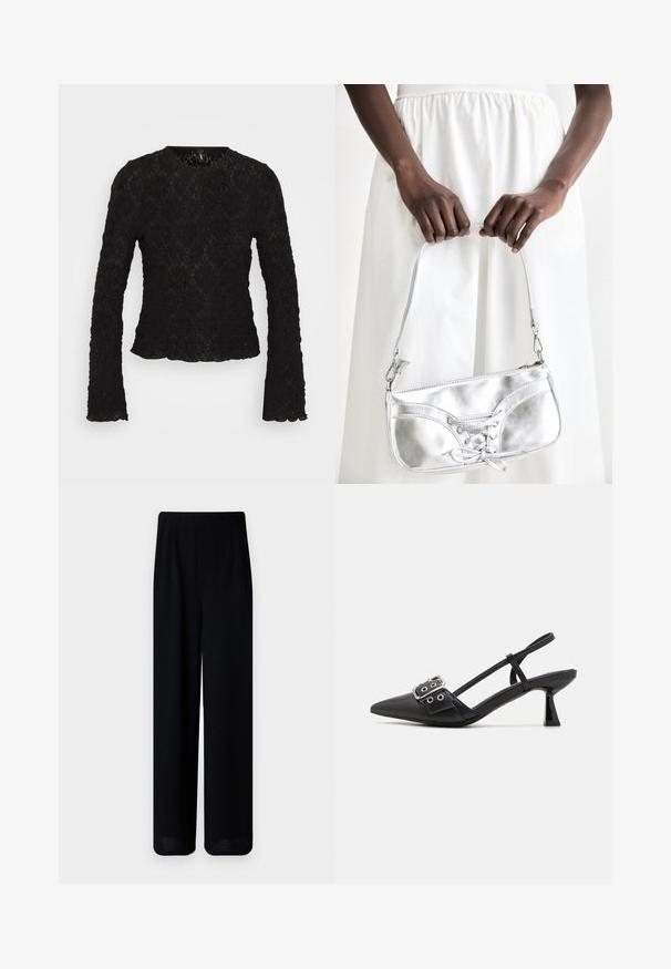 Sort langærmet top lavet af tekstureret blonder. Har en rund halsudskæring og bølgede kanter. Indviklet blomstermønster over hele overfladen.; Vero Moda Petite VMLIVA SUPER WIDE PANTS - Bukser - black; Simmi London DALA - Pumps - black; Sølvmetallic håndtaske med snøredetaljer, der har et slankt design og en kort strop. Tasken holdes i hænderne for at fremvise dens tekstur.