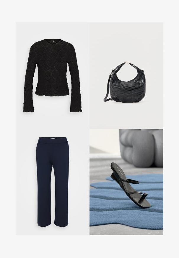 Schwarzes langärmliges Oberteil aus strukturiertem Spitzenmaterial. Mit rundem Halsausschnitt und gewellten Kanten. Intriziertes Blumenmuster überall.; Marineblaue gerade geschnittene Hose aus elastischem Material, mit flachem Bund und zwei seitlichen Taschen für Funktionalität.; Schwarze Riemchensandale mit Zehenring, auf einem blau strukturierten Teppich präsentiert, mit einem großen grauen Dekorationsobjekt unscharf im Hintergrund.; Schwarze gewebte Lederhandtasche mit kurzem Griff und abnehmbarem Schulterriemen, präsentiert vor einem schlichten hellen Hintergrund.