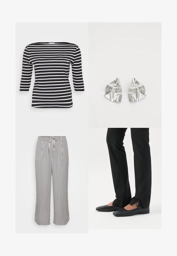 Chemise à rayures noires et blanches à manches longues, avec un col bateau et un petit logo sur la poitrine, fabriquée en tissu côtelé.; Pantalons courts avec une taille à cordon, présentant des rayures verticales bleu marine et blanches, exposés sur un fond blanc uni.; Jambes vêtues d’un pantalon slim noir avec des fentes à l’avant de l’ourlet, assorties à des chaussures plates Mary Jane noires avec une petite bride à boucle.; Boucles d'oreilles en métal argenté avec un design ondulé et sculptural, présentant une finition polie et des formes irrégulières, mettant en valeur une esthétique contemporaine.