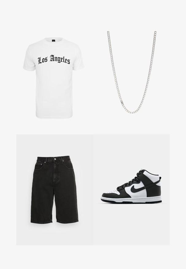 Hvid kortærmet t-shirt med "Los Angeles" i fed sort gotisk skrifttype over foran. 100% bomuldsmateriale med en glat tekstur.; Sorte højtaljede denimbukser med frontknap, lynlås, bæltestropper og fem lomme-stil mod en ensartet lys baggrund.; Sort og hvid høj-top sneakers med læderoverdel, perforeret tåboks, fremtrædende swoosh-logo og struktureret gummisål.; Sølv kædedesign med sammenkoblede led, glat tekstur og ensartet rektangulær form. Sikker lukning.