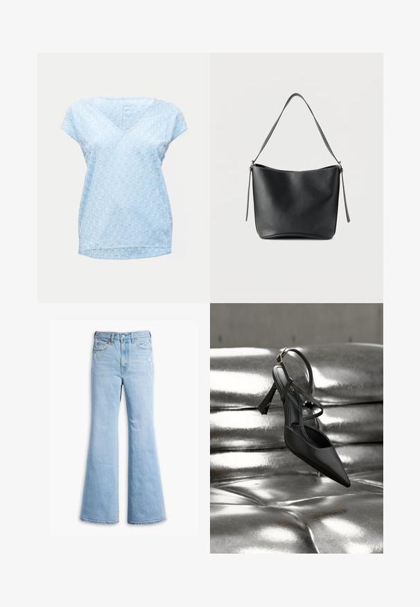 Blusa azul claro de manga corta con escote en V y patrón de tela texturizada con puntos, dobladillo trasero ligeramente más largo.; Jeans de mezclilla de corte acampanado en azul claro, con cintura alta, un ligero desvanecimiento, detalles desgastados y diseño estándar de cinco bolsillos.; Zapato negro de tacón alto con punta puntiaguda y parte trasera abierta. Cuenta con una delgada correa en el tobillo y suela texturizada. Diseño elegante y minimalista resaltado por un fondo metálico brillante.; Bolso de hombro de cuero negro con una sola correa ancha y herrajes plateados sutiles sobre un fondo blanco liso.