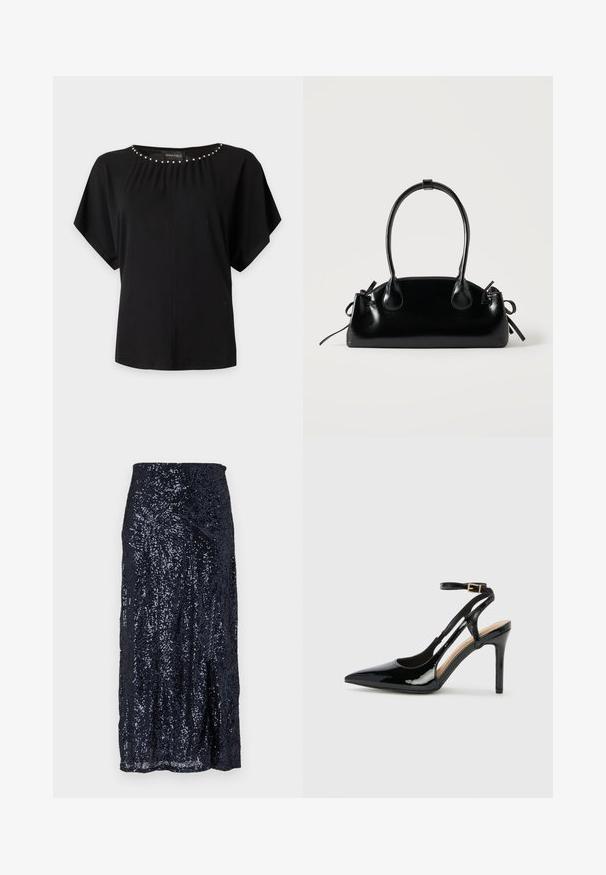Sort bluse med korte ærmer og sølvkugledekoration langs rund halsudskæring og løs pasform.; Marineblå paillet midi skirt med en glat tekstur, der har en tætsiddende talje og en let udvidelse ved kanten. Designet skaber reflekterende mønstre.; Sorte laklæder højhælede slingback-sko med spids tå, justerbar ankelrem og åben sider. Glat tekstur.; Lille sort blank håndtaske med to lange håndtag og snøre-detaljer i siden på en ensfarvet lys baggrund.