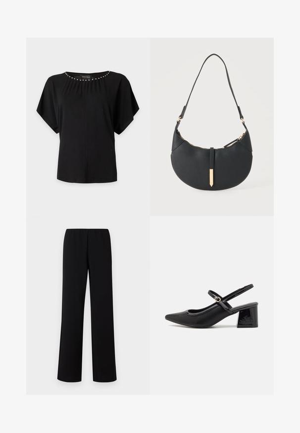Blusa negra de manga corta con detalles de cuentas plateadas a lo largo del escote redondo y un ajuste suelto.; Pantalones de pierna ancha negros con cintura elástica, hechos de una tela suave, que presentan un diseño limpio y minimalista sin adornos.; Tacones slingback de charol negro con punta afilada, un diseño de corte redondeado y tacón bloque. Incluye un detalle de hebilla en tono dorado.; Bolso negro en forma de media luna con una sola correa, cremallera dorada y una lengüeta decorativa rectangular dorada en la parte delantera.