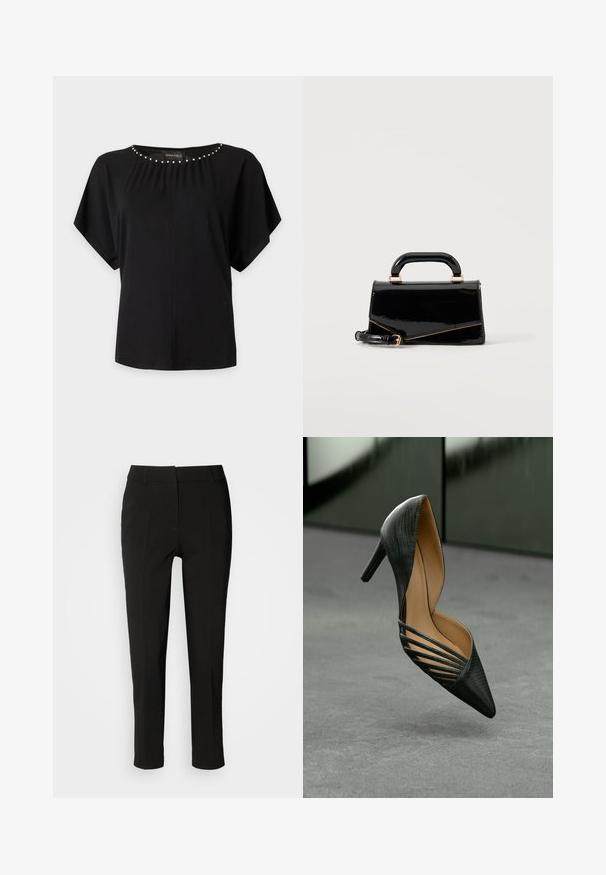 Blouse noire à manches courtes avec des détails en perles argentées le long de l'encolure ronde et une coupe ample.; Pantalons noirs ajustés avec une coupe slim, devant plat et sans poches visibles, offrant une texture lisse et une finition soignée au bas.; Chaussure à talon haut noire avec un bout pointu, un extérieur texturé et des découpes distinctives sur les côtés, présentée sur un fond neutre.; Sac à main rectangulaire noir brillant avec poignée supérieure, ferrures dorées et bandoulière amovible, posé sur un fond clair uni.