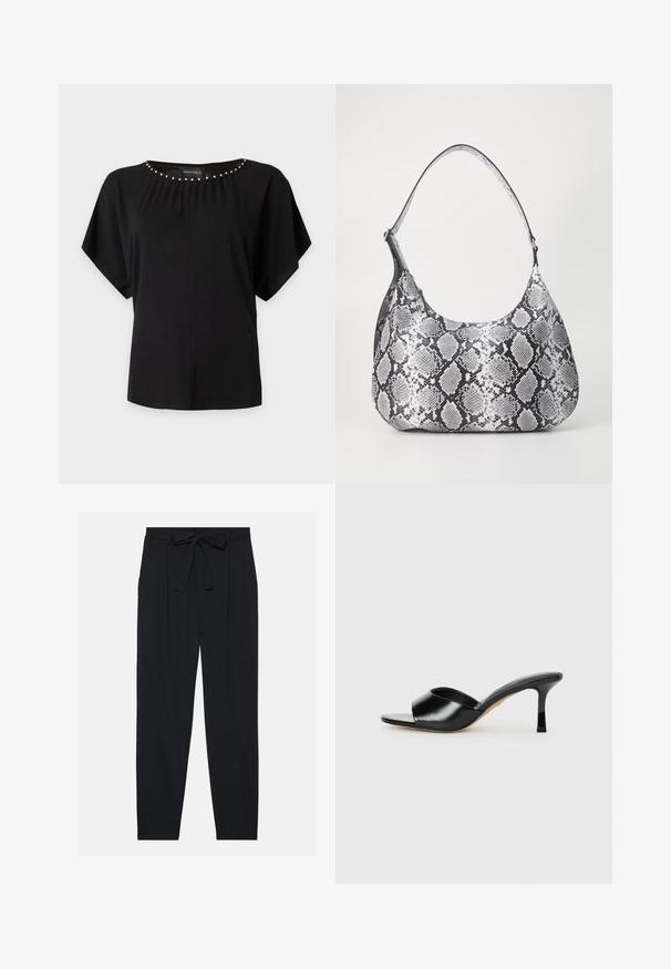 Blouse noire à manches courtes avec des détails en perles argentées le long de l'encolure ronde et une coupe ample.; Pantalon noir en tissu léger. Dispose d'une taille avec un lien, de plis et d'une coupe fuselée. Pas de poches visibles.; Mules à talons hauts en cuir noir avec un design à bout ouvert et une large sangle supérieure incurvée. Texture lisse et silhouette élégante.; Sac à épaule en simili cuir noir et blanc avec imprimé serpent, de forme arrondie, texture lisse et bandoulière incurvée. Présente un accent en matériel argenté.