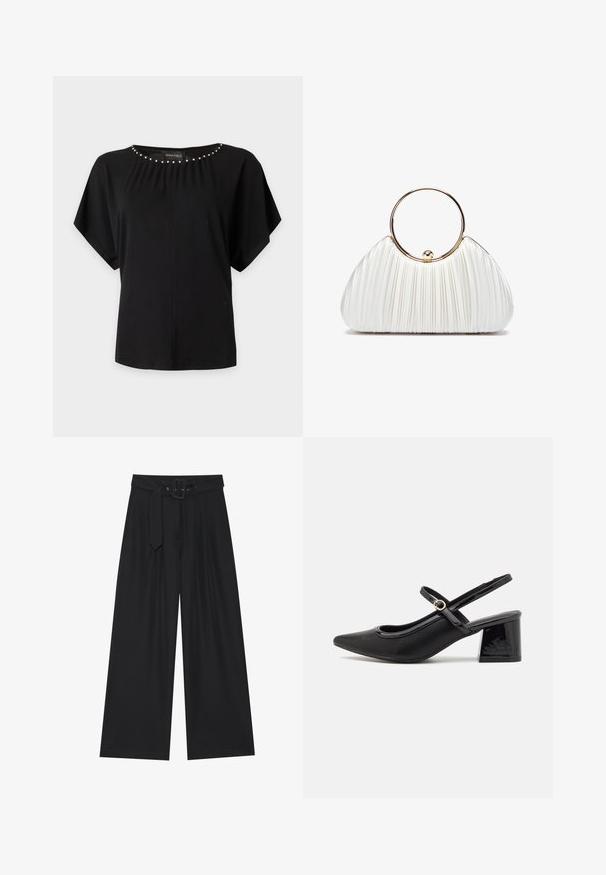 Blusa negra de manga corta con detalles de cuentas plateadas a lo largo del escote redondo y un ajuste suelto.; Pantalones negros de pierna ancha hechos de una tela suave, con cintura alta, un cinturón con hebilla cuadrada y pliegues frontales para añadir textura.; Tacones slingback de charol negro con punta afilada, un diseño de corte redondeado y tacón bloque. Incluye un detalle de hebilla en tono dorado.; Bolso de mano blanco plisado con un asa circular dorada, que presenta un tejido suave y una forma redondeada. Diseño elegante con un acabado texturizado.