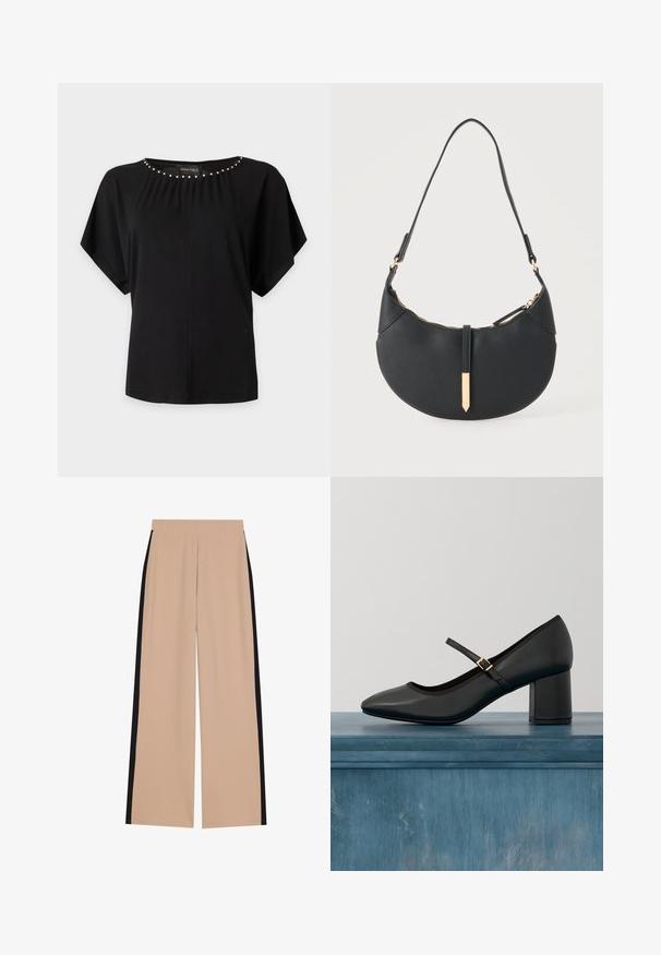 Blusa negra de manga corta con detalles de cuentas plateadas a lo largo del escote redondo y un ajuste suelto.; Pantalones de pierna ancha beige con una textura suave, que cuentan con franjas laterales negras. La cinturilla es elástica para mayor comodidad y fácil uso.; Zapato negro tipo Mary Jane con tacón cuadrado y tira de hebilla dorada, flotando sobre un suelo de hormigón liso en un ambiente interior minimalista.; Bolso negro en forma de media luna con una sola correa, cremallera dorada y una lengüeta decorativa rectangular dorada en la parte delantera.