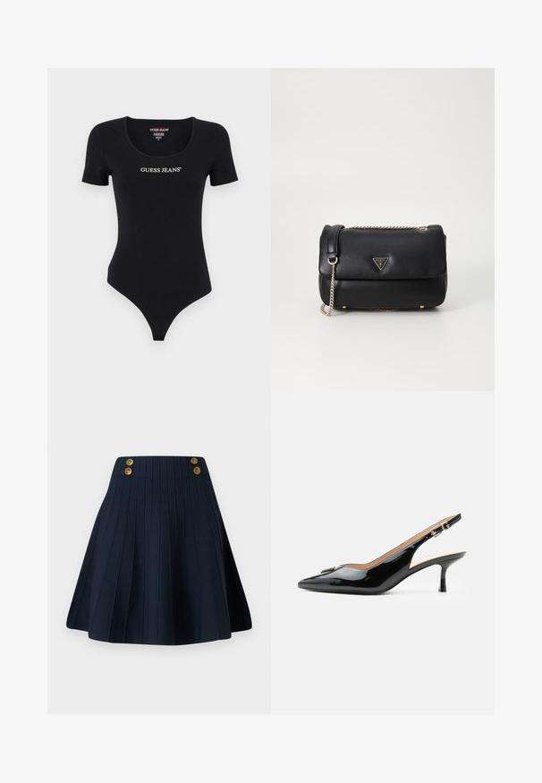 Sort kortærmet bodysuit med scoop halsudskæring og "GUESS JEANS" logo i hvid. Lavet af blødt, strækbart materiale med en tætsiddende silhuet.; Marineblå plisseret nederdel med struktureret stof, høj talje og to gyldne knapper foran, der skaber en ren linje og en struktureret form.; Sort patentlæder slingback hæl med spids tå, lille kitten hæl og sølvspænde på en ensartet hvid baggrund.; Sort læder skuldertaske med guldkæde og trekantet Guess-logo på frontklappen, sat mod en simpel hvid baggrund.