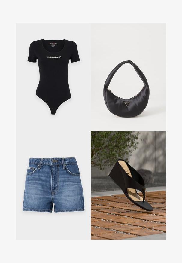 Mustapaitainen lyhythihainen bodysuit, jossa on pyöreä kaula-aukko ja valkoinen "GUESS JEANS" -logo. Valmistettu pehmeästä ja venyvästä materiaalista, jolla on istuva siluetti.; Farkkushortsit keskipitkä sininen väri, viiden taskun muotoilu, vyölenkit ja nyppyinen helma. Normaali nappi- ja vetoketjukiinnitys.; Musta kiilakorkosandaali, jossa varvastarra ja kultainen kolmiomainen logotunnus, asetettuna teksturoidun tiililattian päälle, taustalla kasvillisuutta ja seinä.; Musta satiinilaukku, jossa on kaareva muoto, varustettuna vetoketjulla ja etuosassa metallinen kolmiomainen logo. Sujuva pinta ja tyylikäs muotoilu.