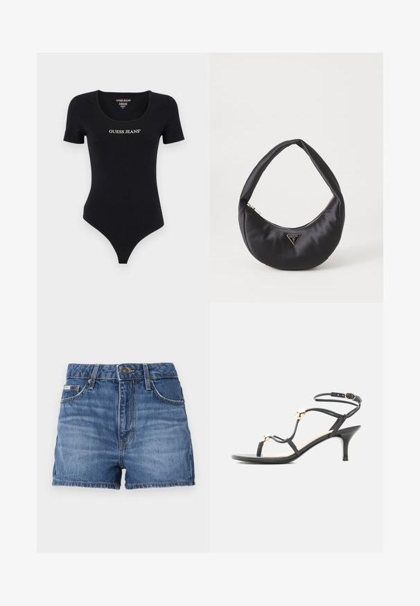 Čierny body s krátkym rukávom, ktorý má okrúhly výstrih a biely nápis "GUESS JEANS". Vyrobené z mäkkého, elastického materiálu s priliehavým strihom.; Džínové šortky v stredne modrej farbe, s dizajnom piatich vreciek, pútka na opasok a poškodeným lemom. Štandardné zapínanie na gombík a zips.; Čierna sandála s remienkami a stredne vysokým opätkom s zlatými ozdobnými korálkami a remienkom na členok so sponou na bielom pozadí.; Čierna saténová kabelka s zakriveným tvarom, so zipsovým uzáverom a trojuholníkovým kovovým logom na prednej strane. Hladká textura a elegantný dizajn.