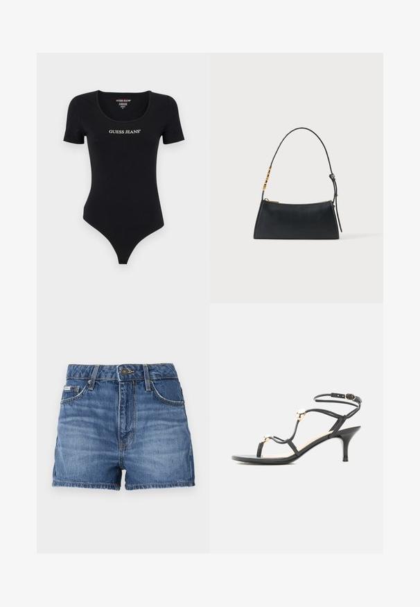 Čierny body s krátkym rukávom, ktorý má okrúhly výstrih a biely nápis "GUESS JEANS". Vyrobené z mäkkého, elastického materiálu s priliehavým strihom.; Džínové šortky v stredne modrej farbe, s dizajnom piatich vreciek, pútka na opasok a poškodeným lemom. Štandardné zapínanie na gombík a zips.; Čierna sandála s remienkami a stredne vysokým opätkom s zlatými ozdobnými korálkami a remienkom na členok so sponou na bielom pozadí.; Čierna kožená kabelka so zlatým zipsom a nastaviteľným popruhom s pozlátenými obdĺžnikovými detailmi na bielom pozadí.