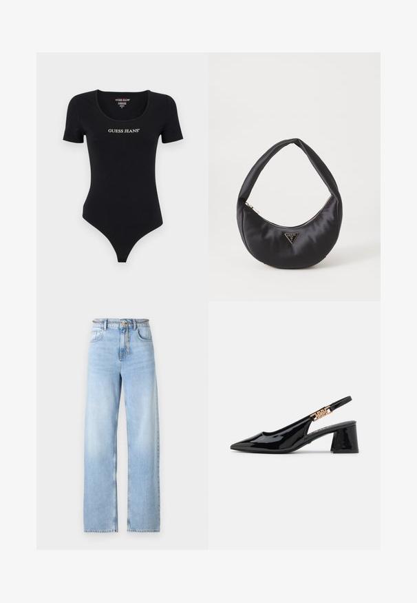 Čierny body s krátkym rukávom, ktorý má okrúhly výstrih a biely nápis "GUESS JEANS". Vyrobené z mäkkého, elastického materiálu s priliehavým strihom.; Svetlomodré nohavice s širokými nohavicami vyrobené z denimu, s vysokým pásom, prednými vreckami a akcentom reťazového opasku. Hladká textúra s miernym vyblednutím.; Čierne lakkové slingback lodičky s špicatou špičkou a zlatými doplnkami na popruhu, s blokovým podpätkom. Hladký povrch.; Čierna saténová kabelka s zakriveným tvarom, so zipsovým uzáverom a trojuholníkovým kovovým logom na prednej strane. Hladká textura a elegantný dizajn.