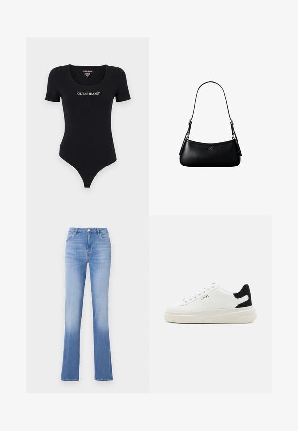 Musthave lühikeste varrukatega bodysuit, millel on ümar kaelus ja valge "GUESS JEANS" logo. Valmistatud pehmest ja venivast materjalist, millel on üleva küljest sobiv siluett.; Heledad sinise denimi teksad, flared-kujuga, viie-tasku disainiga ja esise sulgemisega. Allservast pleekinud, et luua gradientefekt.; Valged nahast tennisetossud paksu valge tallaga, musta sametist kontsakeeuga ja külje peal riigilogo reljeefne kujundus. Lukkeskeem kuue silmaauguga.; Mustast nahast väike õlakott õhukese rihmaga ja väikese kuldse CK logoga esikülje keskel.