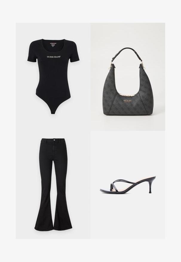 Sort kortærmet bodysuit med scoop halsudskæring og "GUESS JEANS" logo i hvid. Lavet af blødt, strækbart materiale med en tætsiddende silhuet.; Sorte flared jeans lavet af denim med en tætsiddende talje, lynlås og knaplukning, samt udtalt flare ved anklen.; Sort laklædersandal med hæl, tynde krydsede remme og en slank mellemhøj stilethæl på en hvid baggrund.; Sort skuldertaske med et buet design, lavet af tekstureret materiale. Har et guld logo og lynlås lukning, med en glat rem.