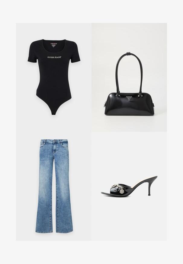 Sort kortærmet bodysuit med scoop halsudskæring og "GUESS JEANS" logo i hvid. Lavet af blødt, strækbart materiale med en tætsiddende silhuet.; Lyseblå flagrende jeans lavet af denim. Har en knaplukning, fem lommer og afslidt detaljer for et brugt udseende.; Sort laklæder højt hælet mule med åben tå og dekorative sølvcharme inklusive en blomst og hængelås på frontstroppen.; Sort glanshandtaske med en buet silhuet, to håndtag og en frontlogo-plakette. Lynlås lukning og skinnende hardware-detaljer.