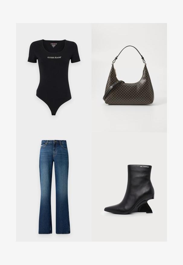 Čierny body s krátkym rukávom, ktorý má okrúhly výstrih a biely nápis "GUESS JEANS". Vyrobené z mäkkého, elastického materiálu s priliehavým strihom.; Rozšírené džínsy v stredne modrom odtieni, s klasickým dizajnom piatich vreciek, zapínaním na gombík a mierne vyblednutou textúrou.; Čierna kožená členková topánka s zakriveným sochárskym podpätkom a logom Karl Lagerfeld blízko hornej hrany na bielom pozadí.; Čierna kožená kabelka na rameno s opakujúcim sa béžovým geometrickým vzorom, zlatým zipsom a dvoma nastaviteľnými popruhmi na bielom pozadí.